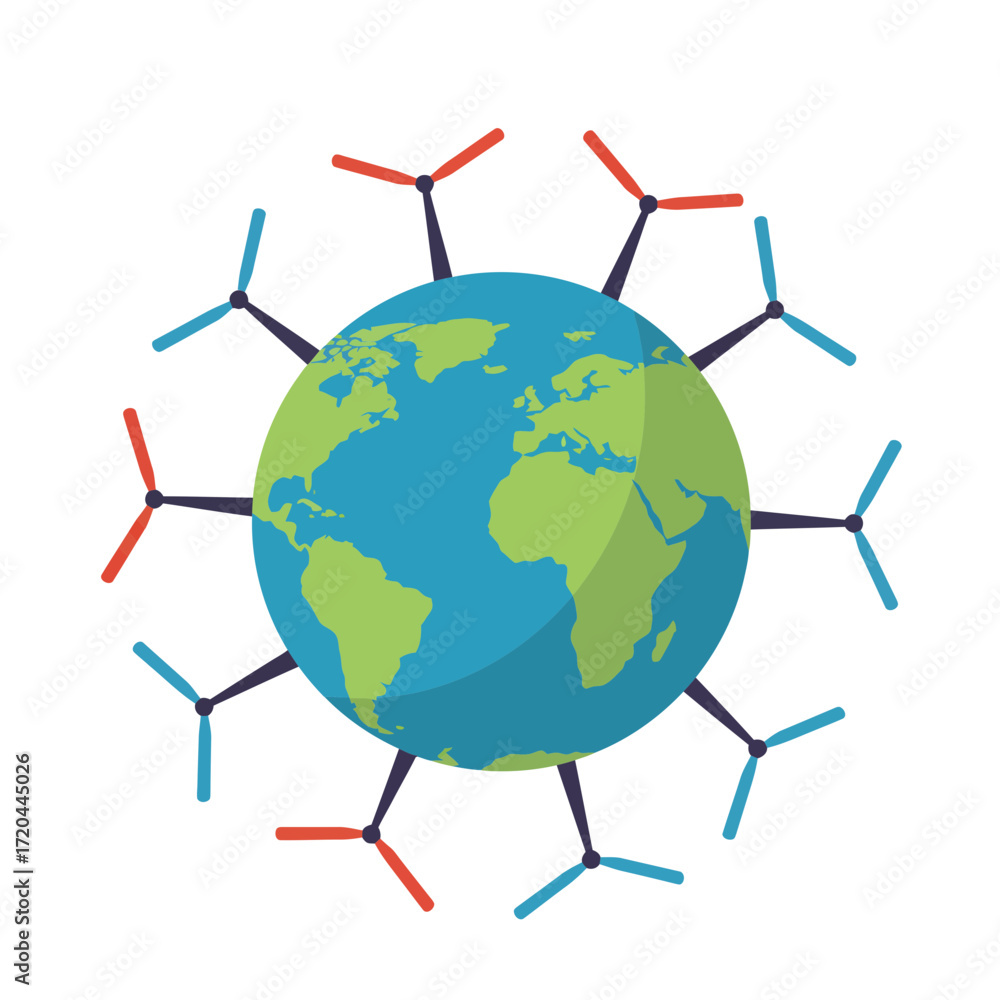 Naklejka premium Sustainable world energy solution featuring turbines around Earth, clean energy concept for global future, powering planet with wind power, renewable earth