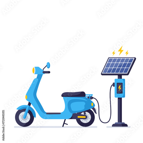 Eco-friendly electric scooter charging at a solar panel station, promoting sustainable urban transportation with clean energy for a greener future