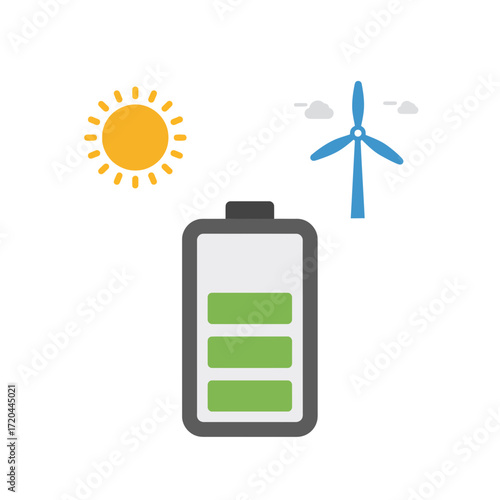 Embrace sustainable energy solutions with sun power and wind energy to charge a battery for a better tomorrow. Clean, green, eco-friendly lifestyle.
