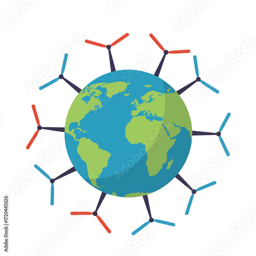 Sustainable world energy solution featuring turbines around Earth, clean energy concept for global future, powering planet with wind power, renewable earth