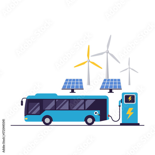 Sustainable transportation with electric bus charging at station powered by solar panels and wind turbines promotes green energy and environmental awareness