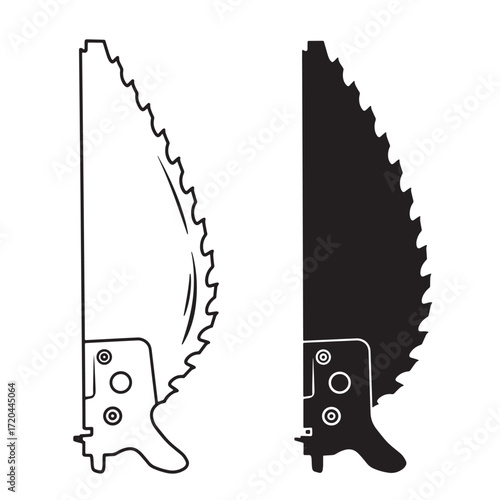 Vector illustration of a hand saw in black and white outline showing two sides