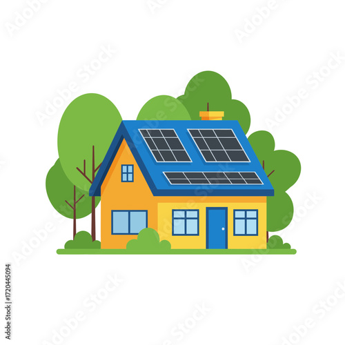 Modern home with solar panels on the roof, surrounded by trees, showcasing sustainable living and clean energy for a brighter future in a residential area