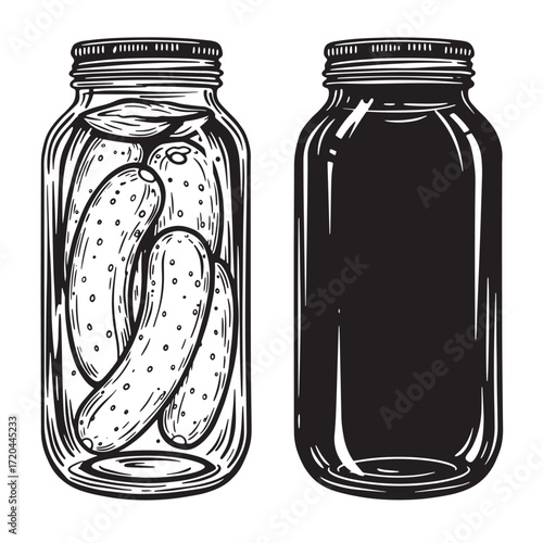 Vintage black and white illustration of pickles in glass jars for food preservation