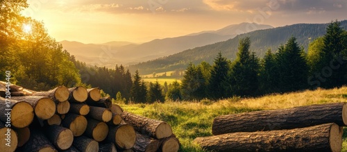 Logs in a Scenic Landscape at Sunset Showcasing Sustainable Forestry