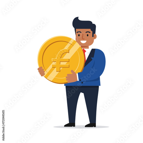 Confident businessman holds a giant Euro coin, symbolizing investment success, financial growth, and prosperity in modern business, a strong economy