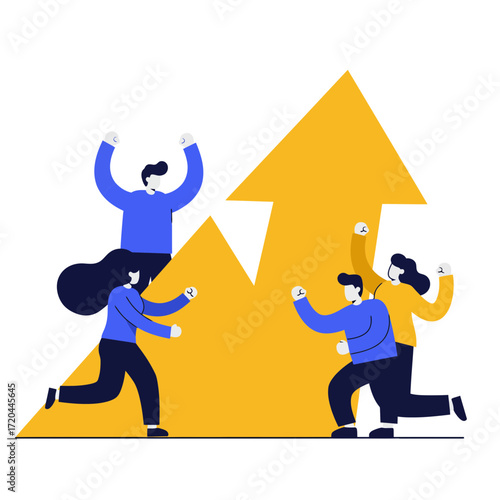 Dynamic team celebrates business growth, achieving targets, and reaching milestones, with upward trend arrow symbolizing success and positive momentum