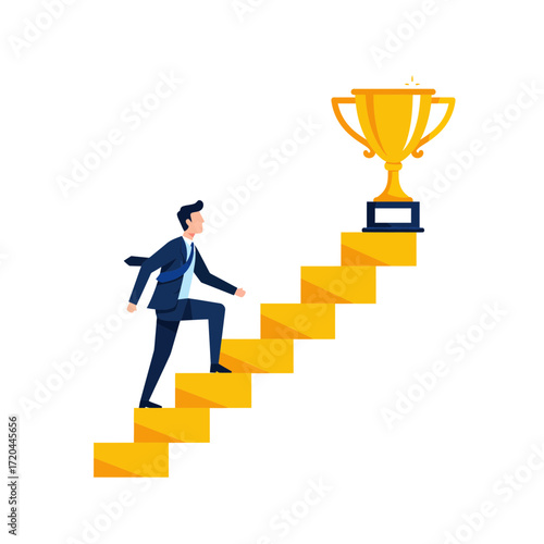 Ambitious businessman climbing stairs to golden trophy, visualizing success and achievement in career, perfect for motivation and business goals