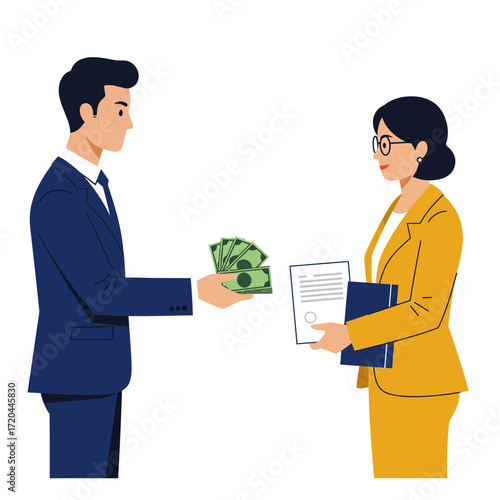 Elegant business deal unfolding as suited man hands money to professional woman holding contract, symbolizing partnership and financial agreement with potential success