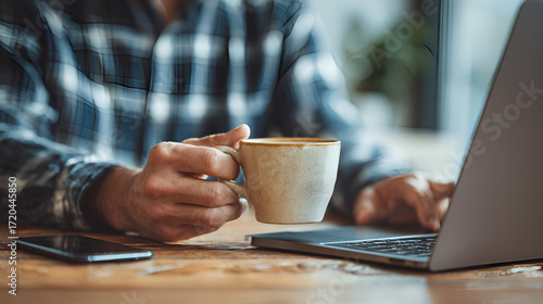 Man holding a coffee cup while working on a laptop