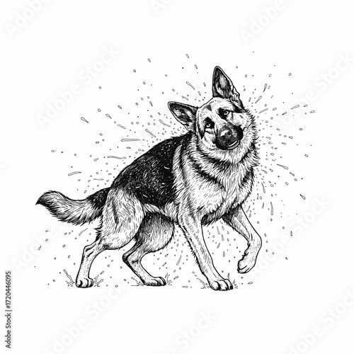 Black and white engraving sketch of German shepherd dog shaking off water, droplets flying around the body, detailed fur texture in motion, isolated on white background, vintage etching vector svg
