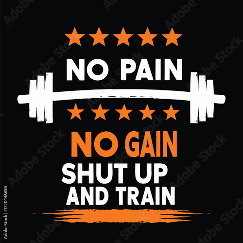 Motivational Fitness Design with Barbell, Stars, and the Words No Pain, No Gain