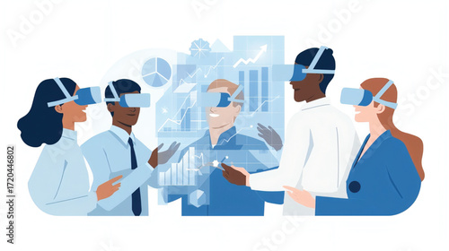 Vector art of diverse team collaborates using virtual reality headsets in a modern office