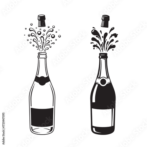 Black and white champagne bottles with popping celebration bubbles vector illustration