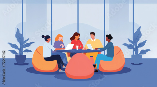 Vector art of diverse team collaborating in a modern office with beanbag chairs