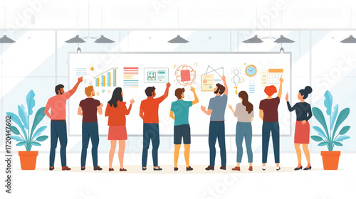 Vector art of diverse group of professionals analyzing charts and data on a whiteboard