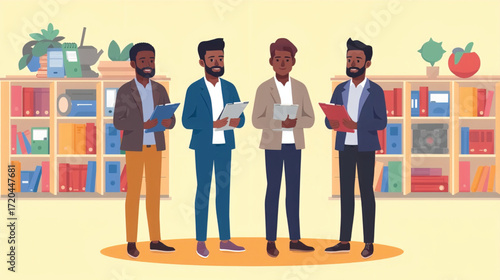 Vector art of four men in an office environment with bookshelves behind them