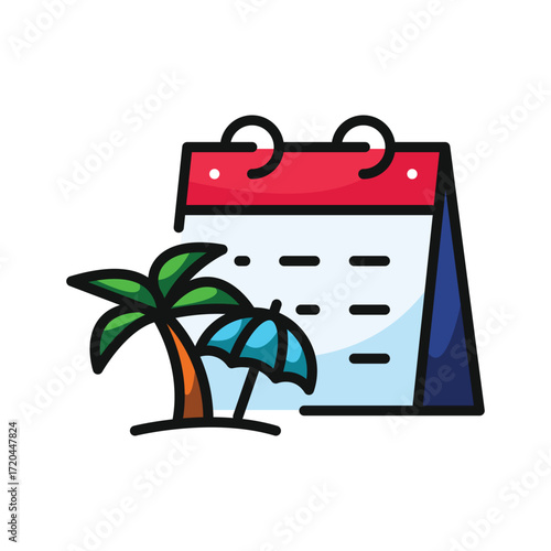 A calendar with a palm tree and umbrella icon