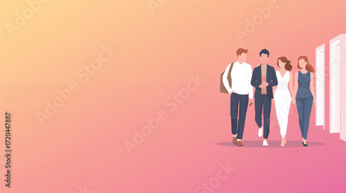 Vector art of diverse group of people walking together in a modern hallway