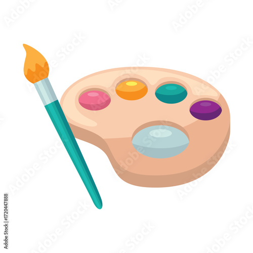 A cartoon art palette with six paint blobs and a teal brush