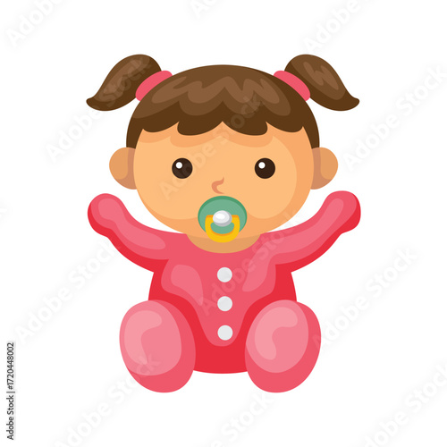 A cartoon baby with brown pigtails and a pacifier