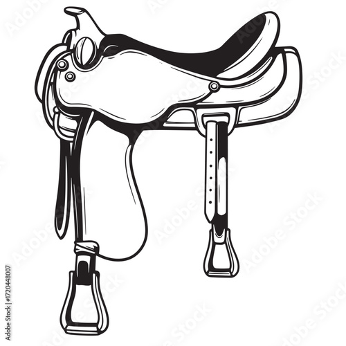 Detailed black and white illustration of a classic cowboy or western horse saddle