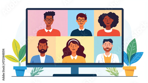 Vector art of diverse group of people in a video conference call on a computer screen
