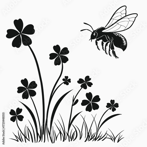 Bee flying over patch of clovers silhouette