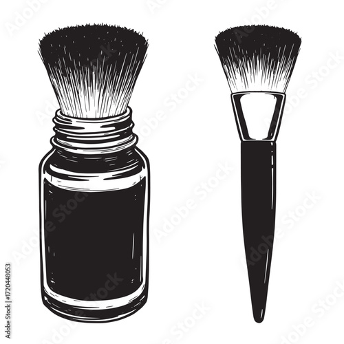 Detailed black and white illustration of makeup brushes and powder applicator