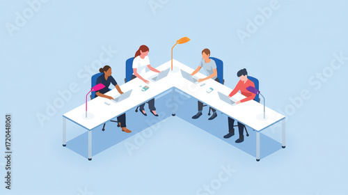Vector art of four individuals working on laptops at a corner desk in an office
