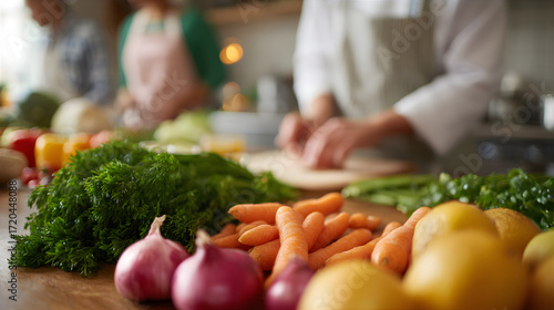 Fresh vegetables on kitchen island with cooking people blur foreground. Healthy food preparation and home cooking concept.