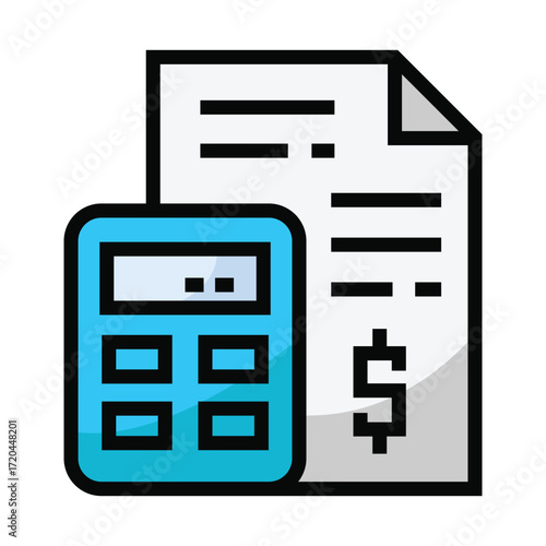 A calculator sits next to a document with horizontal lines and a dollar sign