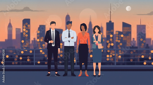 Vector art of business professionals standing on a rooftop with city skyline at dusk
