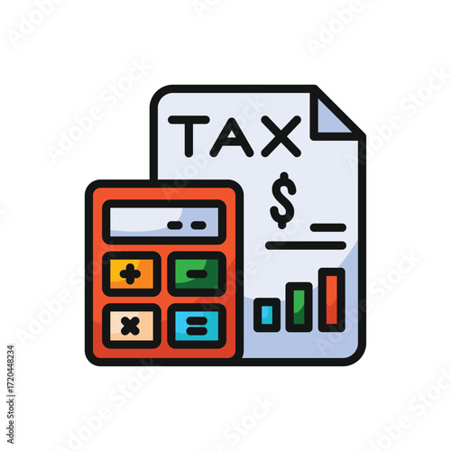 A calculator sits next to a tax document with a bar graph