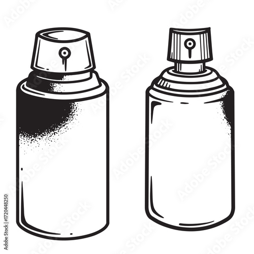 Detailed black and white illustration of two spray paint cans against a white background