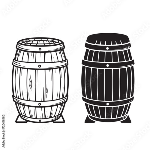 Detailed illustration of a wooden beer barrel and its silhouette isolated on white background
