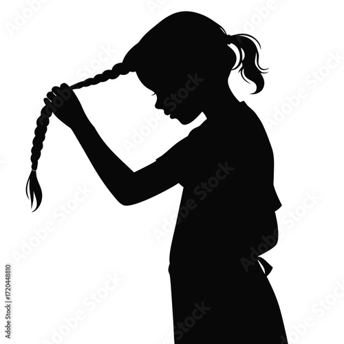 Girl braiding her own hair silhouette