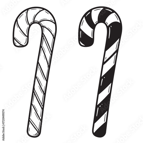 Hand drawn christmas candy canes in black and white design for holiday decoration