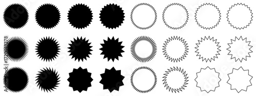 Set of black starburst and sunburst shape tags for price. Circle sticker set. Wavy edge promo badges. Price labels isolated on white background.