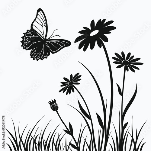 Butterfly hovering above daisies silhouette
