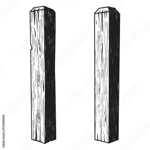 Hand drawn illustration of two vertical wooden posts with detailed wood grain texture