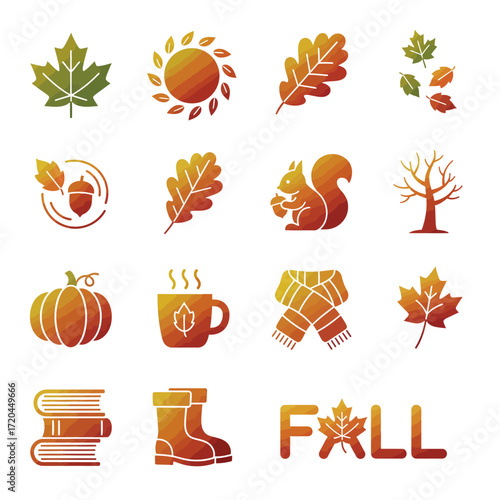 A vibrant autumn season gradient icon set featuring various leaf icons, a squirrel, and a pumpkin for seasonal graphic design