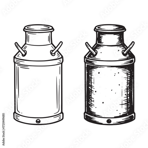 Hand drawn illustration of two vintage milk churns in a classic black and white style.