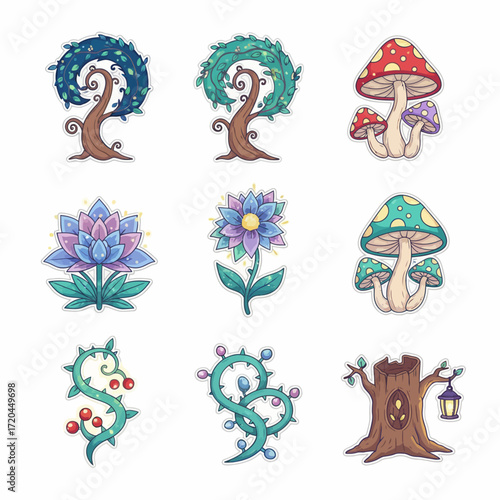 Whimsical and fantastical nature elements icon set featuring enchanting trees, vibrant mushrooms, and magical floral plants, perfect for game design or fairy tale themes