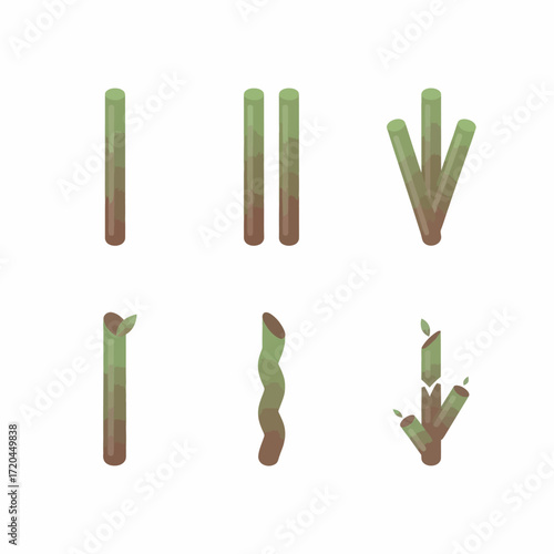 A versatile collection of stylized green bamboo stalk and leaf icon set, perfect for nature-themed graphic design