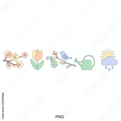 Delightful Spring Season Icon Set featuring Blooming Flowers, Nature Elements, and Weather Symbols for Digital Design Projects