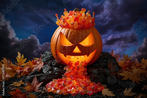 Carved Pumpkin Halloween Decoration with Candy and Leaves in Vibrant Seasonal Atmosphere Under Night Sky