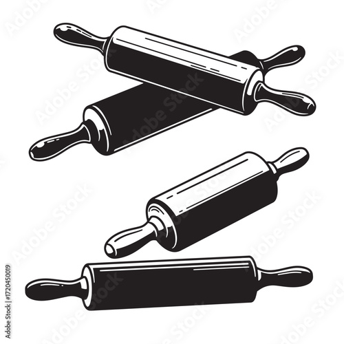 Illustrated black and white rolling pins for baking and cooking isolated on white background