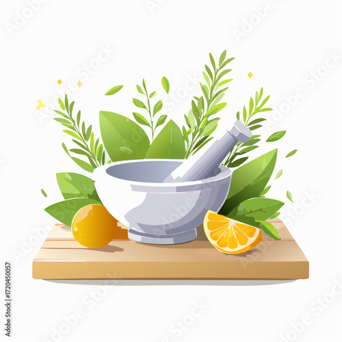 White Mortar and Pestle with Citrus Fruits and Herbs