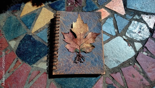 Decorative journal with autumn leaf design on a mosaic floor.